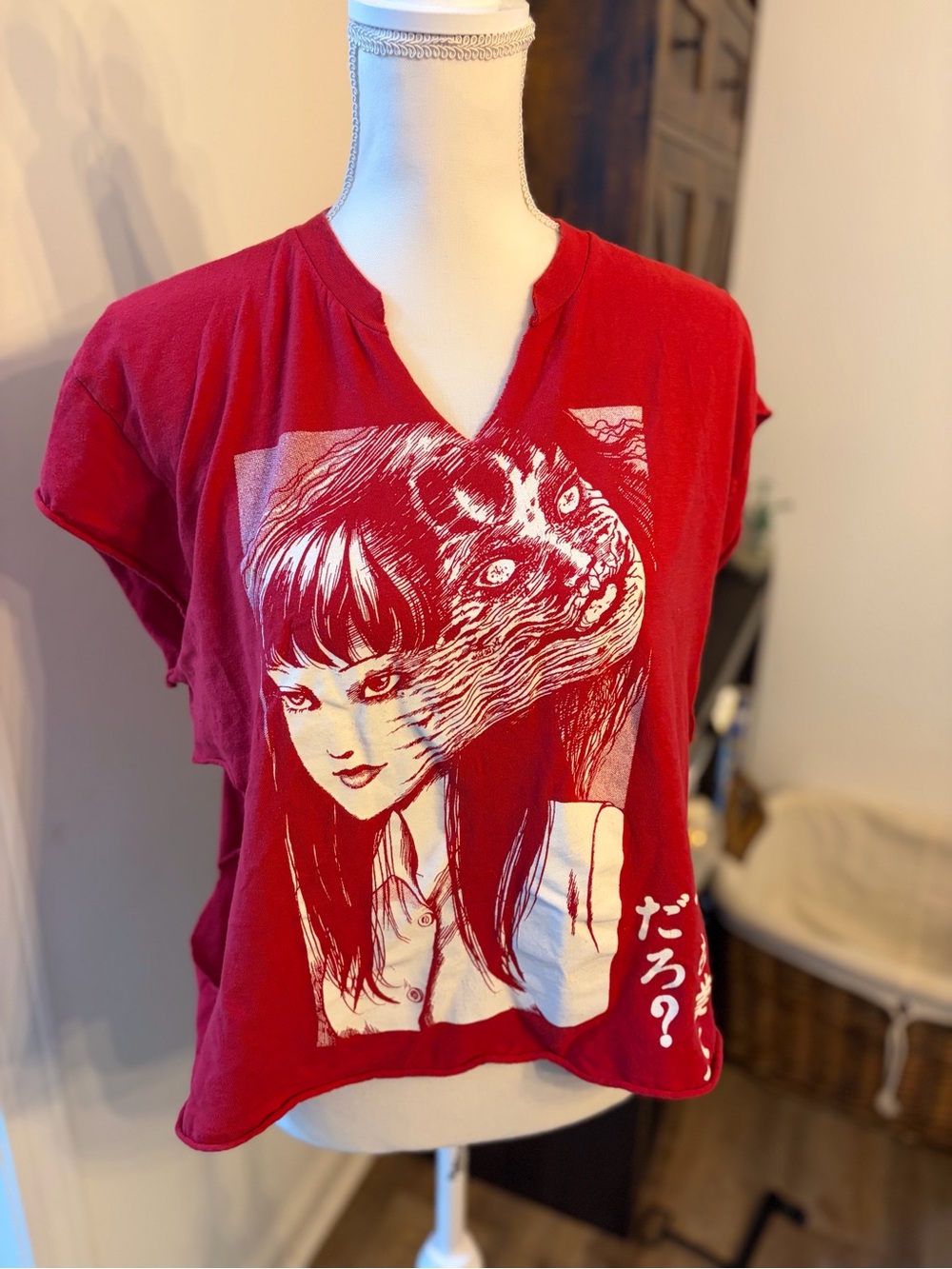 Junji ito Ripple Junction Red Short Sleeve Graphic V-Neck Tee